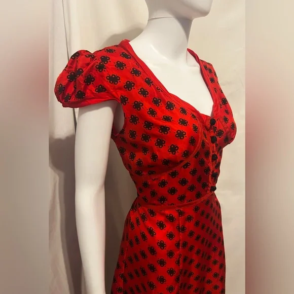 Rare Vintage Marc Jacobs Sz 6 100% Silk Red FloralPuff Sleeve Midi Dress Retro - Picture 3 of 9